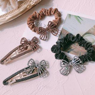 Bow Full Diamond Pu Leather Hair Clip & Hair Rope