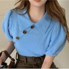 Short-sleeve Knit Polo Shirt Light Blue - One Size