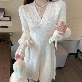 Long-sleeve Chunky-knit Mini Dress White - One Size