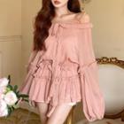 Set: Long-sleeve Ruffled Mini Dress + Slipdress Pink - One Size