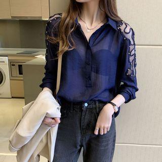 Mesh Panel Beaded Henley Shirt