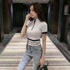Short-sleeve Mock-neck Half-zip Knit Crop Top