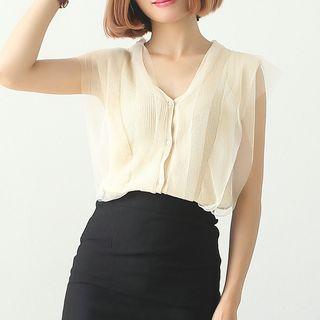 Mesh Panel Buttoned Sleeveless Knit Top