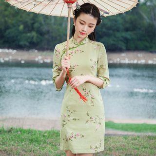 3/4-sleeve Floral Print Mini Qipao Dress