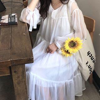 Long-sleeve Chiffon Midi Tunic Dress White - One Size