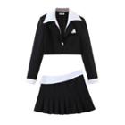Set: Two-tone Cropped Blazer + Pleated Mini A-line Skirt