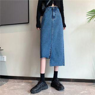 High-waist Asymmetrical Denim Midi Skirt