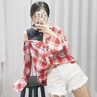 Mock Two-piece Cold Shoulder Plaid Shirt