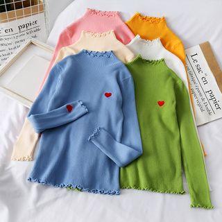 Heart-embroidered Mock-neck Knit Top