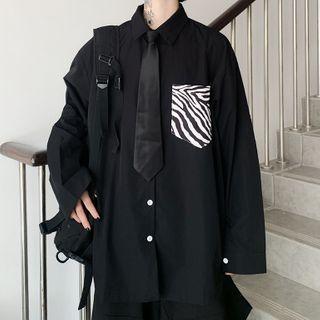 Long-sleeve Zebra Print Panel Shirt Black - One Size