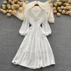 V-neck Lace Puff-sleeve Dress White - One Size