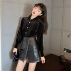 Studded Velvet Shirt / Faux Leather Studded A-line Skirt