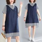 Short-sleeve Mock Two-piece Striped A-line Dress