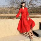 3/4-sleeve Textured A-line Midi Dress