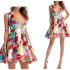 Printed Deep Plunge Strappy A-line Dress