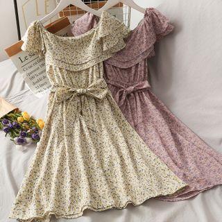 Off-shoulder Ruffled Floral Midi Dress With Sash