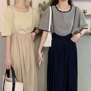 Plain Short-sleeve T-shirt / Midi Suspender Skirt