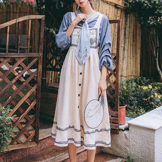 Puff-sleeve Flower Embroidered Blouse / Angel Print Midi Overall Dress / Set
