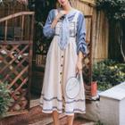 Puff-sleeve Flower Embroidered Blouse / Angel Print Midi Overall Dress / Set