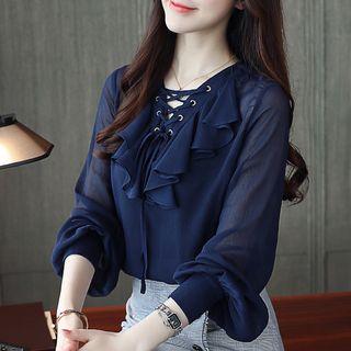Ruffle-trim Lace-up Blouse