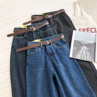 Plain High-waist Fleece Jeans With Belt
