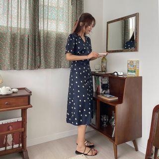 Tie-waist Floral Print Dress Navy Blue - One Size