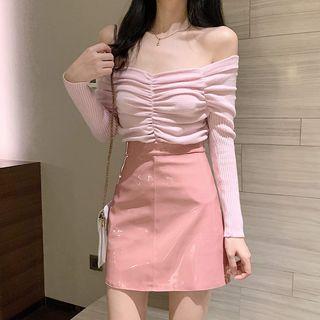 Off-shoulder Ruched Knit Top / Patent A-line Mini Skirt