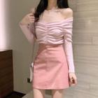 Off-shoulder Ruched Knit Top / Patent A-line Mini Skirt