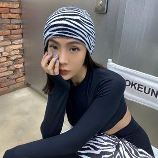Printed Zebra Knit Beanie Hat Zebra - Adjustable