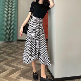 Plaid Short-sleeve Midi Dress As Shown In Figure - One Size