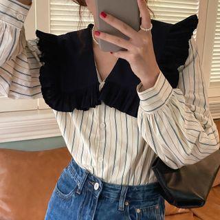 Long-sleeve Collared Striped Shirt As Shown In Figure - One Size