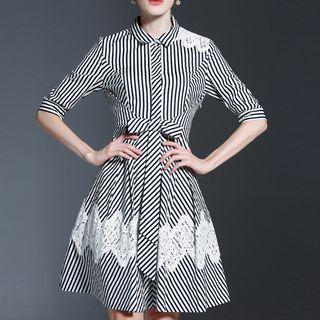 Lace-trim Striped Shirtdress