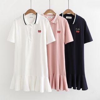 Short-sleeve Strawberry Embroidered Mini Polo Shirt Dress