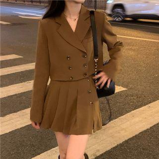 Set: Double-breasted Cropped Blazer + Pleated Mini A-line Skirt