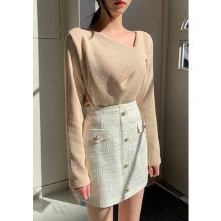 Buttoned A-line Tweed Miniskirt