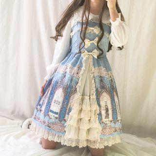 Set: Long-sleeve Print A-line Lolita Dress + Bow Headband