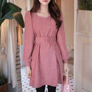 Sweetheart-neck Balloon-sleeve Belted Dress