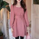 Sweetheart-neck Balloon-sleeve Belted Dress