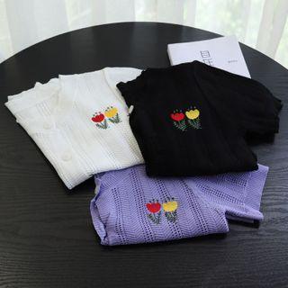 Short-sleeve Floral Embroidered Pointelle Knit Cardigan