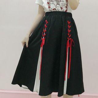 Midi Lace-up A-line Skirt Black - One Size