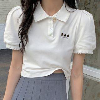 Puff-sleeve Floral Embroidered Polo Shirt
