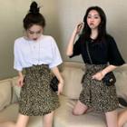 Elbow-sleeve T-shirt / Asymmetric Leopard Print A-line Skirt