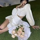 Set - Long-sleeve Light Top + Plain High-waist Skirt