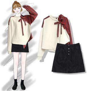 Set : Irregular Fake Two Piece Sweater + High Waist Skirt