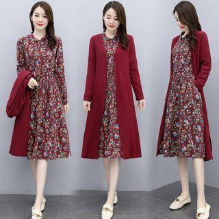 Set: Long Coat + Long-sleeve Floral Dress
