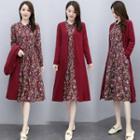 Set: Long Coat + Long-sleeve Floral Dress