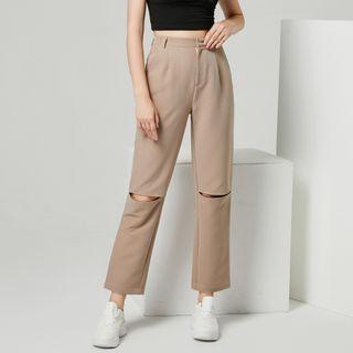 High-waist Straight-leg Slit-knee Pants