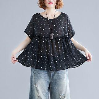 Dotted Short-sleeve Blouse Dot - Black - One Size