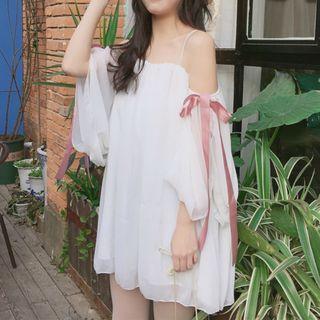 Strappy Cold-shoulder Mini Dress / Lace Trim Light Jacket