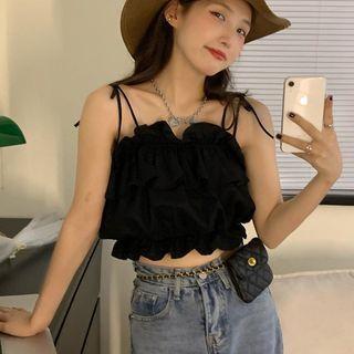 Tie-strap Ruffled Camisole Top Black - One Size